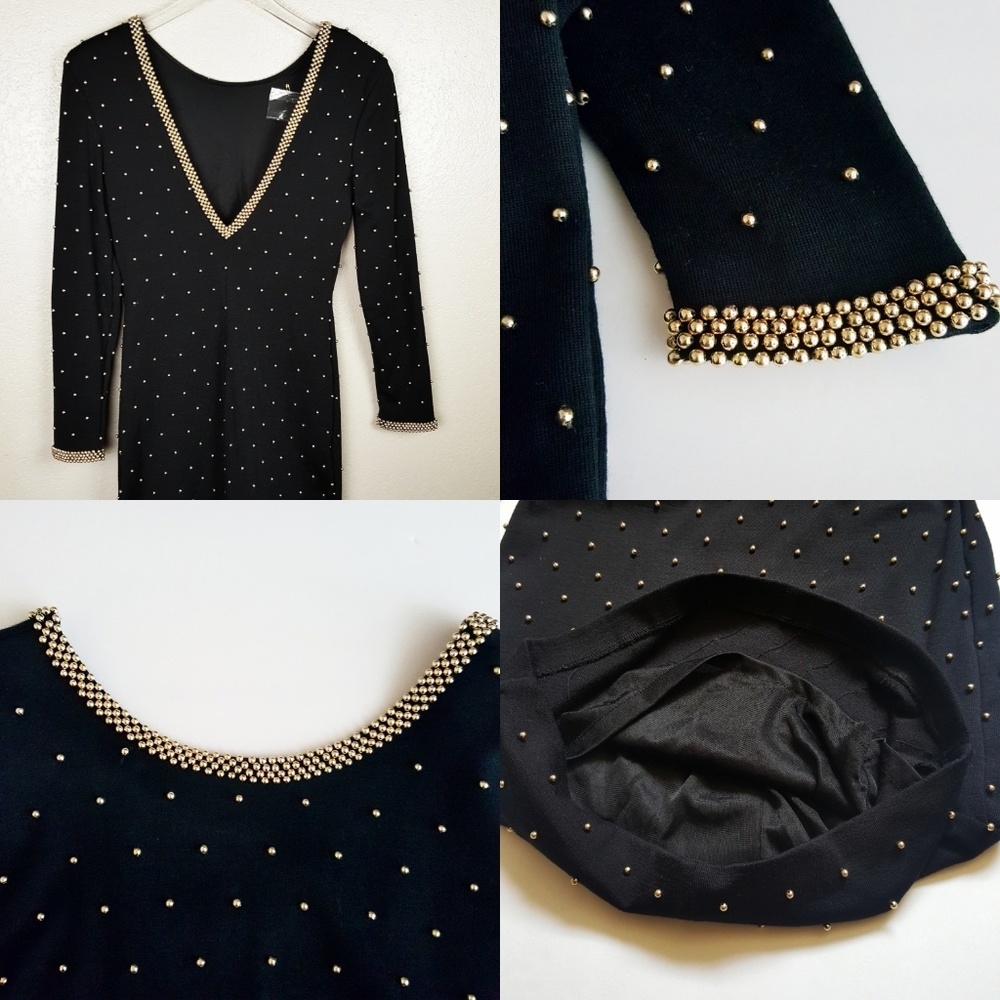 Vintage Hand Beaded Deep V Gold Black Dress 6